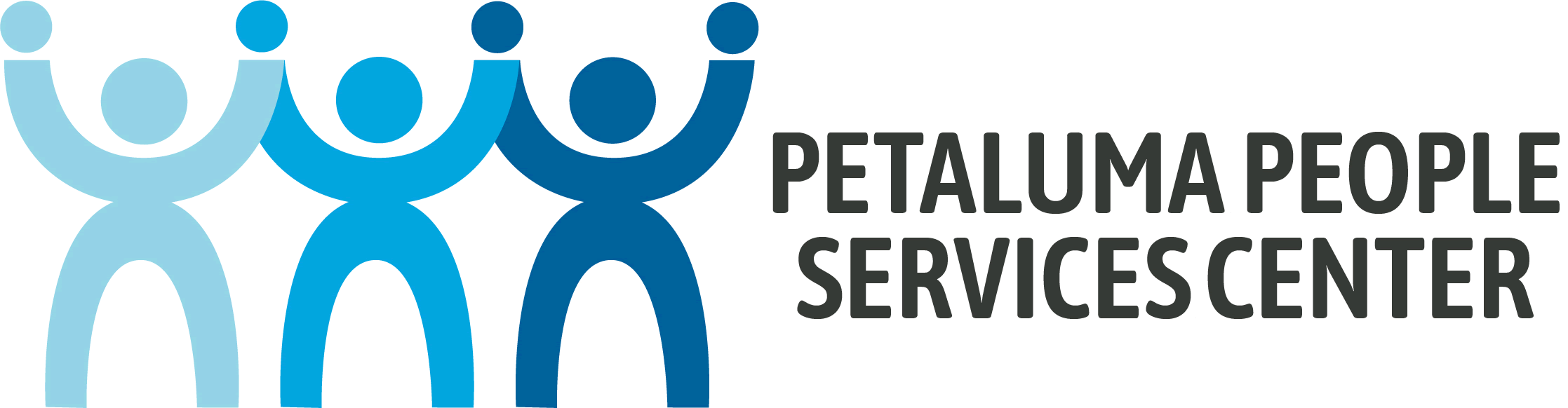 Petaluma People Services Center 2021 Logo PNG Image * Three Human Graphics In Three Colors With Interlocked Raised Hands And Text